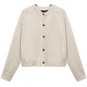 Mango Crew Neck Decorative Seams Cardigan NWT Light/Pastel Grey Size 1XL